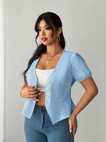 Elenzga Plus Size Women's Summer Solid Light Blue Deep V-Neck Lantern Short Sleeve Minimalist Blouse, Elegant Versatile Women's Clothing For Casual Daily - Blue - View 2