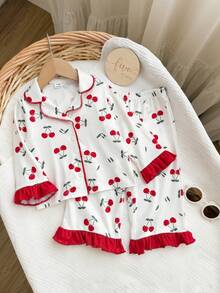 Dozemod Baby Girl Sweet Simple Fruit Pattern Turn-Down Collar Button-Up Ruffle Decor Long Sleeve Long Pants Comfortable Skin-Friendly Knit Pajama Set 2pcs - Red and White - View 8