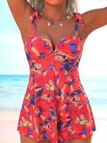 Swim Lushoire Swim Lushore Women's V-Neck Swim Dress, Vibrant Floral Print With Bow Decor, Ruched Bust And Flared Hem Swimsuit - Multicolor - View 4