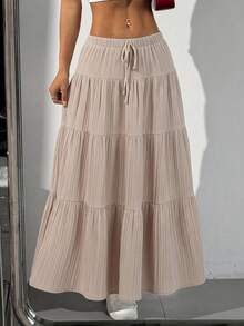 SHEIN EZwear Rok Midi Wanita Ukuran Plus Bergaris Model Ikat untuk Liburan Musim Gugur - Khaki - View 12