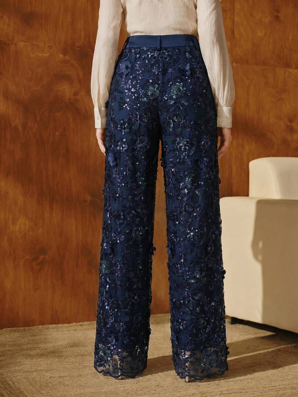 Anewsta Modern Navy Blue Premium Feel Date Night Pool Party Formal 3D Floral Mesh Sequin Straight Leg Pants, Elegant Wedding Style Autumn