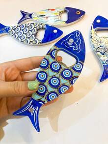 1 pieza Imán de nevera de acrílico con forma de pez y patrón de ojo azul, textura en relieve con lámina de oro, abridor de botellas 2 en 1, decoración portátil para el hogar y la cocina, regalo para cumpleaños y graduación - Multicolor - Ver 3