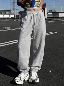 DAZY Solid Drawstring Waist Sweatpants,Women Joggers Fall - Light Grey - View 7