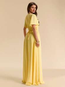SHEIN BAE Spring/Summer Solid Light Yellow V-Neck Flutter Sleeve Cinched Waist Full Skirt Dress, Elegant And Gentle Style For Women, Suitable For Romantic Dates, Beach Vacations, Wedding Guest Attire, Evening Parties, Valentine's Day Dates - Yellow - View 2