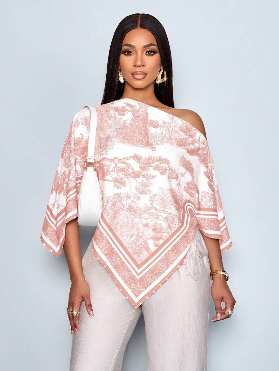 SOLERSUN Áo blouse nữ thu đông phong cách casual thanh lịch, họa tiết màu mơ, cổ bất đối xứng, tay dài, vạt bất đối xứng, vai chéo, tay xẻ, dáng rộng thời trang, họa tiết hoàng hôn vintage, tay cánh dơi, hàng mới về, dễ phối đồ, trang phục thu đông, đi làm hằng ngày, đi chơi - Màu Hồng San hô - Xem 1