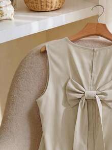 CosyJoli Plus Size Women's Solid Color Bow Decor Sleeveless Blouse, Casual Elegant Office Date Night Wear Going Out Shirt Daily Khaki Summer - Apricot - View 5