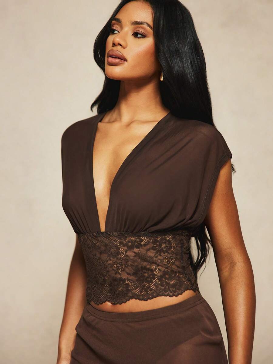 AiiRZ Deep V Neck Lace Panelled Mesh Crop Top With Short Sleeves And Gathered Waist Band Detail - Brown - View 1