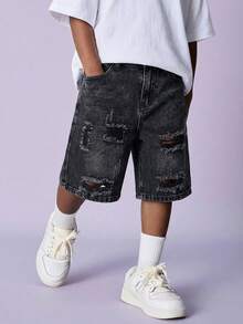 SHEIN Little Byeori Quần short denim túi rách cho bé trai tuổi teen - màu đen - Xem 4