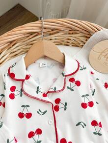 Dozemod Baby Girl Sweet Simple Fruit Pattern Turn-Down Collar Button-Up Ruffle Decor Long Sleeve Long Pants Comfortable Skin-Friendly Knit Pajama Set 2pcs - Red and White - View 3