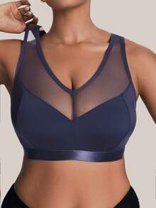 Barelissa Plus Size Women Comfortable Mesh Patchwork Wireless Bra - Blue - View 5
