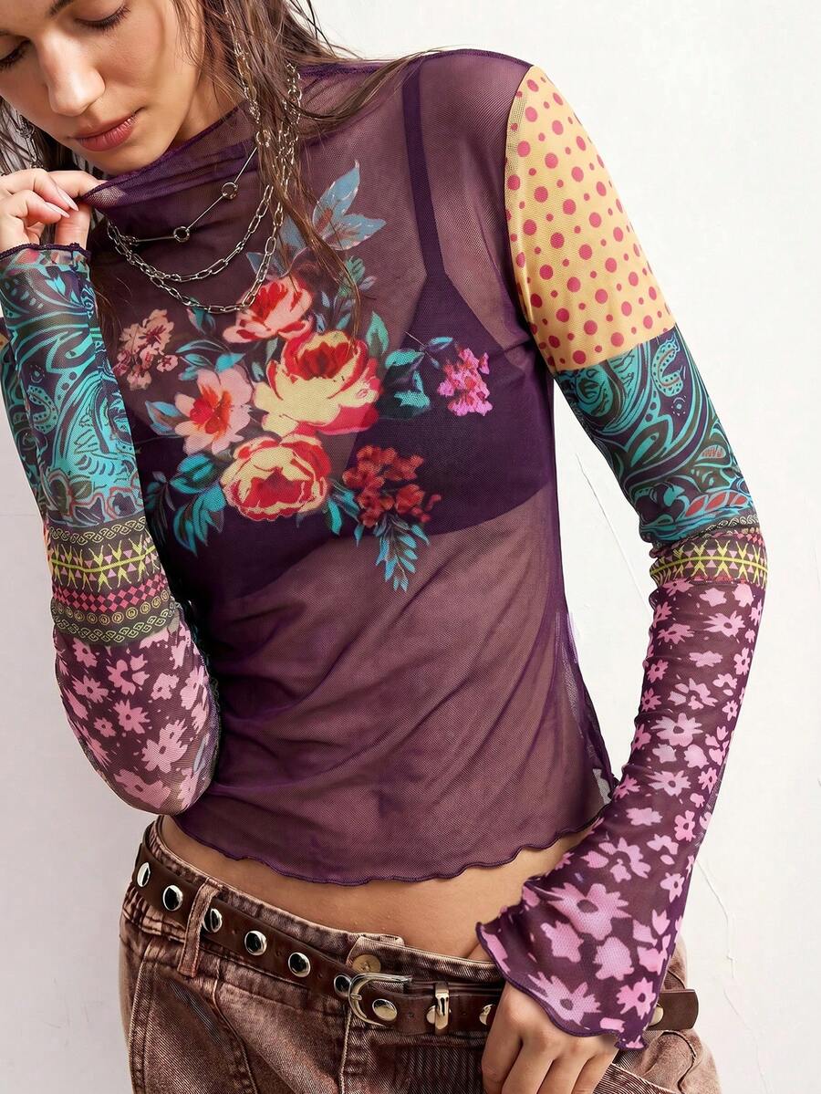 Bohemela 女款花卉印花休閒波希米亞風百搭日常外出長袖上衣 紫色花卉 秋季 - 紫色 - 查看 1
