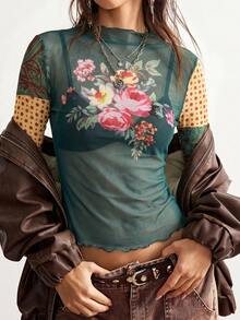 Bohemela 女款花卉印花休閒百搭長袖上衣，適合日常穿著 - 墨綠色 - 查看 6