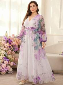 Modelyn 大码女式印花优雅收腰A字连衣裙 - 紫色 - 查看 6