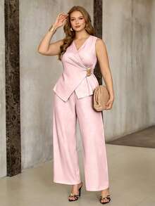 Franclia Plus Size Women's Elegant Solid Color Lace-Up Tank Top And Loose Pants 2-Piece Set - Pink - View 7