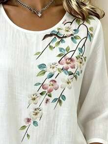 SHEIN LUNE White Burnout Round Neck 3/4 Sleeve Casual Blouse For Middle-Aged And Elderly Women - White - View 3