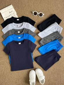 SHEIN 5套男嬰兒童休閒純色短袖軟綿2件套套裝 T恤短褲上衣 夏季服裝 度假海灘夏日穿搭 - 彩色 - 查看 8