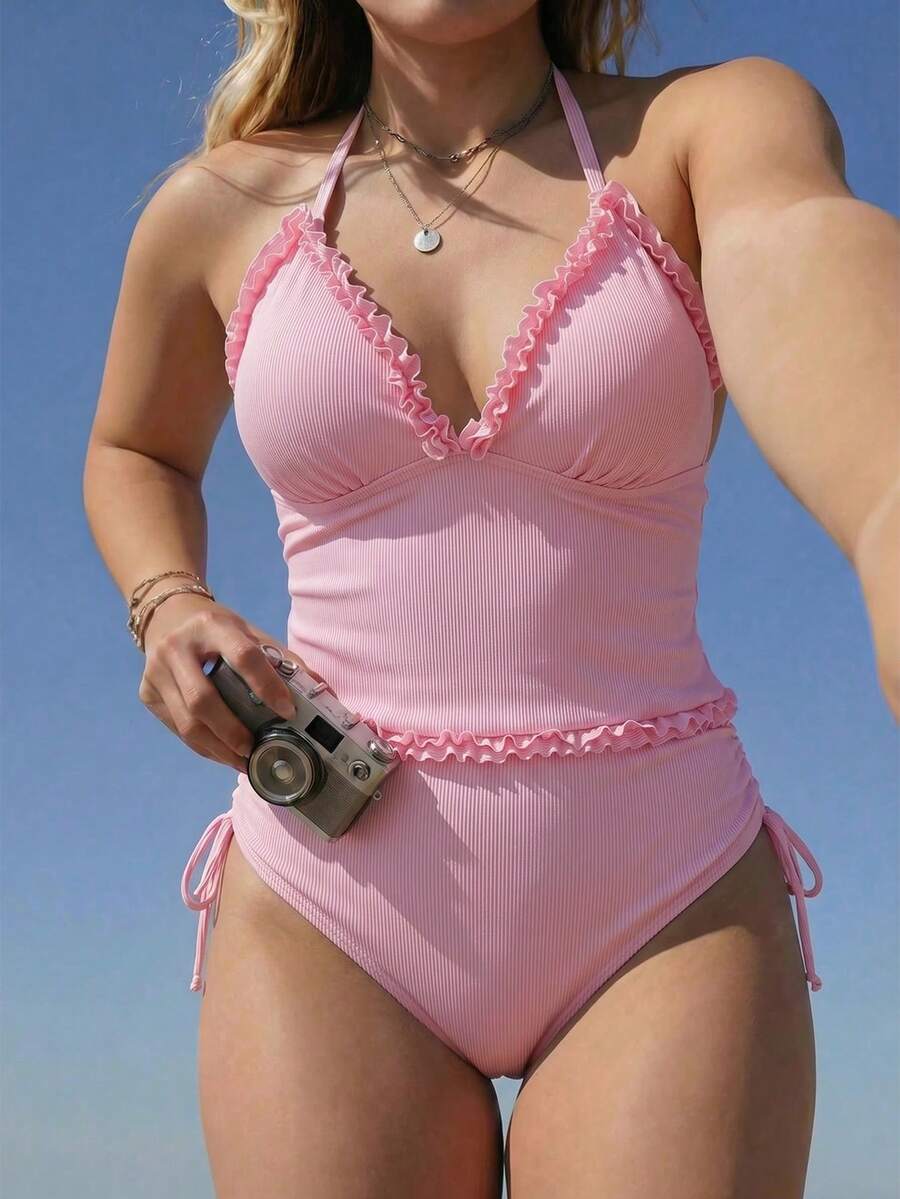 Swim Mod 大尺碼女款甜美可愛簡約海灘度假粉色特殊面料蕾絲可調節肩帶兩件式比基尼背心泳衣 - 粉色 - 查看 1