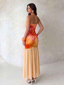 Modelyn Sexy Tropical Elegant Orange Batik Floral Print Bandeau Dress, Suitable For Girls, Summer Dress, Beach Vacation Dress, Beachwear, Party Dress - Orange - View 2
