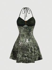 SHEIN MOD Vestido mini de verano para mujer con cintura alta, estampado aleatorio y dobladillo con volantes - Verde Oscuro - Ver 6