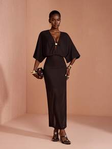 JIAN LASALA Mesh V Neck Batwing Sleeve Women Boho Dress Vacation Casual Holiday - Coffee Brown - View 7