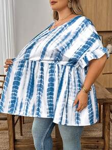 SHEIN CURVE+ Curve 加大码 US22 音乐节、海滨度假、波西米亚风 CURVE PLUS / / 女士格纹印花衬衫，适合春夏波西米亚风度假，休闲娃娃风衬衫 - 藍白色 - 查看 3