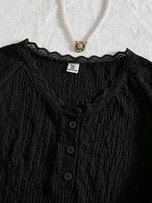 SHEIN 青少年女孩復古歐美Y2K風格條紋短袖T恤 - 黑色 - 查看 5
