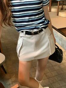 DAZY Women's Solid Color Pocket Design Casual Skirt School - Khaki - View 9