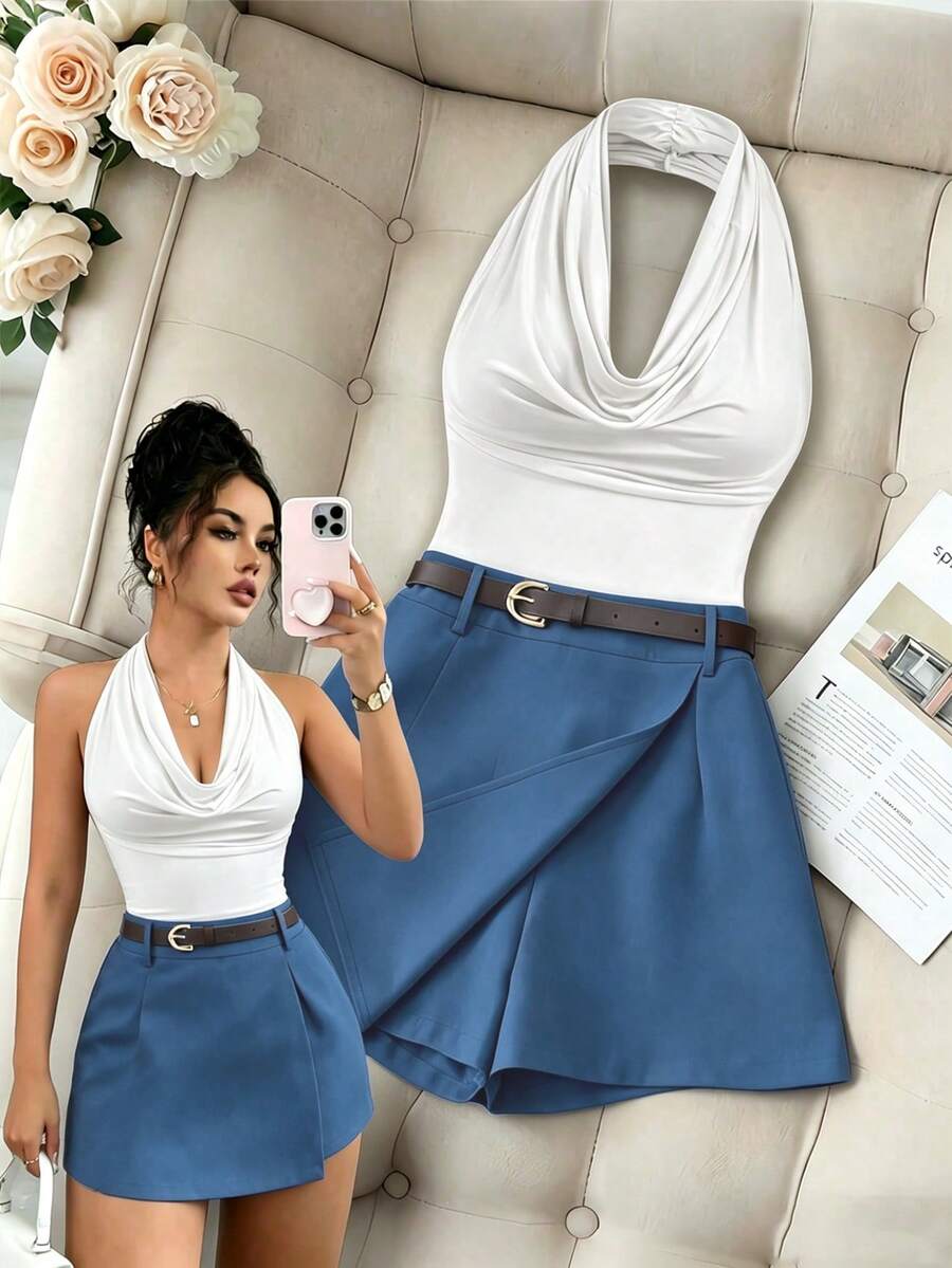 Franclia Casual Fashion Commuter Versatile Solid Color Pleated Halterneck Halter Neck Top Paired With Black Skort (Includes Belt) 2-Piece Set - White - View 1