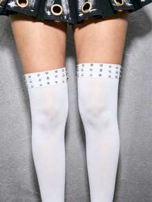 ROMWE Kawaii 1 Pair Of Punk Style Multi-Layer Rivet Knee Socks, Y2K  White High Tube Socks, Fashionable Elastic Stockings - White rivet 1 - View 4
