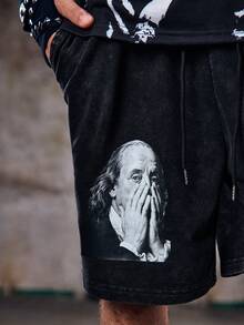 Skyrend Pantalones cortos estampados para hombres con efecto desgastado, con retratos de Franklin y patrones con temática de dinero, adecuados para el estilo casual de calle en verano - Negro - Ver 7