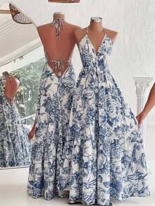 Gownix Backless White And Blue Floral Print Halter Neck Vacation Dress Summer Boho - Blue and White - View 1