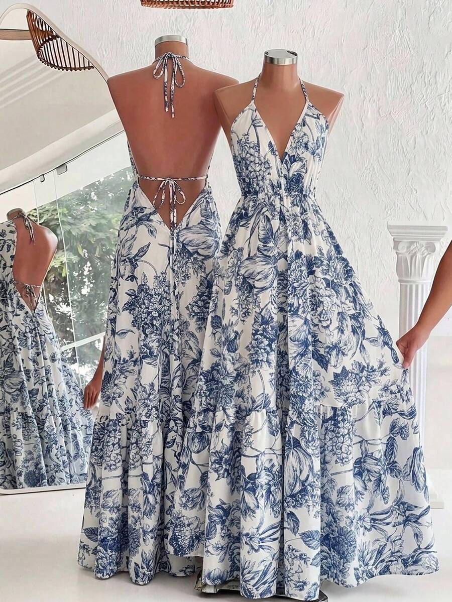 Gownix Backless White And Blue Floral Print Halter Neck Vacation Dress Summer Boho - Blue and White - View 1