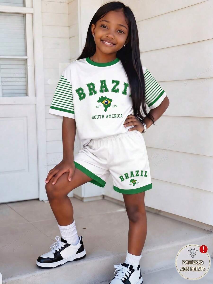 Set de 2 piezas de top de manga corta con cuello redondo y shorts con estampado minimalista para niñas preadolescentes - Blanco - Ver 1