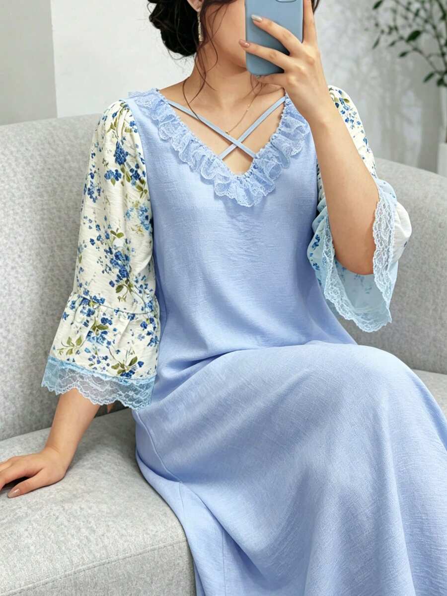 Al Najma 女款花卉印花蕾絲拼接百褶休閒派對阿拉伯風洋裝