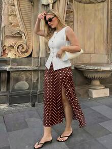 Dripcurv Chân váy midi xẻ tà chấm bi đen cho nữ size lớn màu nâu, phong cách thanh lịch Pháp, trang phục tốt nghiệp cho mẹ, chân váy chấm bi, trang phục mùa hè cho nữ - màu nâu - Xem 2