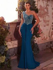 Glamrae Elegant Luxurious Beaded Sequin Floral Design Patchwork Stretch Knit Ruched Mermaid Skirt, Suitable For Wedding Events, Bachelorette Parties, Vacations, Proms, Evening Gowns (Heavy Workmanship Style) - Peacock Blue - View 3