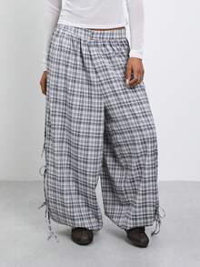 COUREZ Pantalones holgados tipo globo con detalle de lazos laterales en cuadros estilo Y2K 2000s disco 90s country otoño para mujer para salir uso diario fiesta en la piscina fiesta concierto - Gris - Ver 5