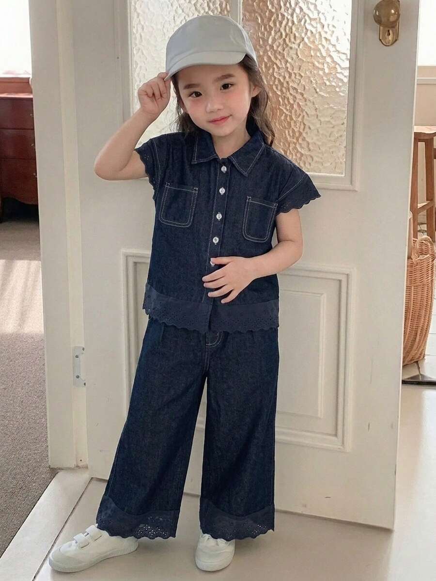 DAZY 女童韓系蕾絲拼接牛仔襯衫+寬鬆牛仔短褲 2件套 夏季 - 深色水洗藍 - 查看 1