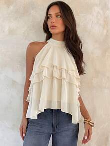 Aloruh Halter Neck Ruffled Cake Chiffon Blouse Beach Vacation, Summer Holiday, Tropical, Resort Wear, - Beige - View 2