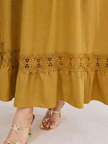 Al Najma Plus Size Women's Elegant Arabic Style Solid Color Linen Fabric Contrast Lace Ruffle Loose Long Dress, Spring/Summer - Yellow - View 5