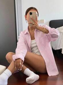 DAZY Women's Spring/Summer Loose Drop Shoulder Long Sleeve Solid Color Casual Shirt School - Pink - View 9