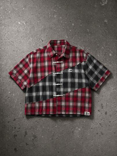 NEON BLANC Men's Blended Woven Brushed Plaid Splice Shirt