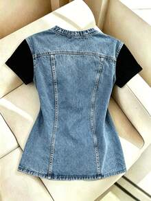 Resyla Women's Casual Denim Effect Print Loose T-Shirt, Summer - Black - View 2