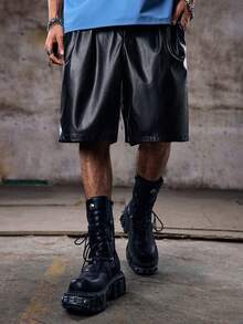Men's Solid Color PU Leather Button Casual Versatile Daily Wear Shortsemo - View 4