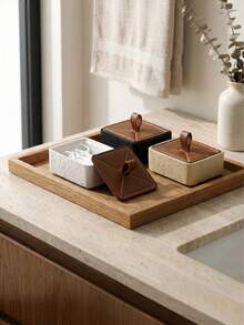 Haus Hana 1Pc Travertine Style Cotton Swab Holder, With Faux Stone Base And Leather Lid, Compact Design For Organizing Cotton Swabs, Toothpicks And Small Items, Ideal For Bathroom, Hotel And Home Decor. - multicolor - View 2