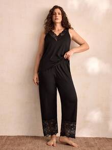Charlaine Plus Size Solid Color V-Neck Lace Patchwork Sleeveless Top And Pants Summer Pajama Set - Black - View 4