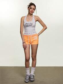 INAWLY Women's Orange Off-Shoulder Letter Print Drawstring Waist Shorts - Orange - View 2