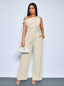 SOLERSUN Women's Asymmetrical Neck Draped Top And High Waisted Wide Leg Pants Matching Set,Old Money Style Elegant Dinner Party Khaki Summer - Apricot - View 5