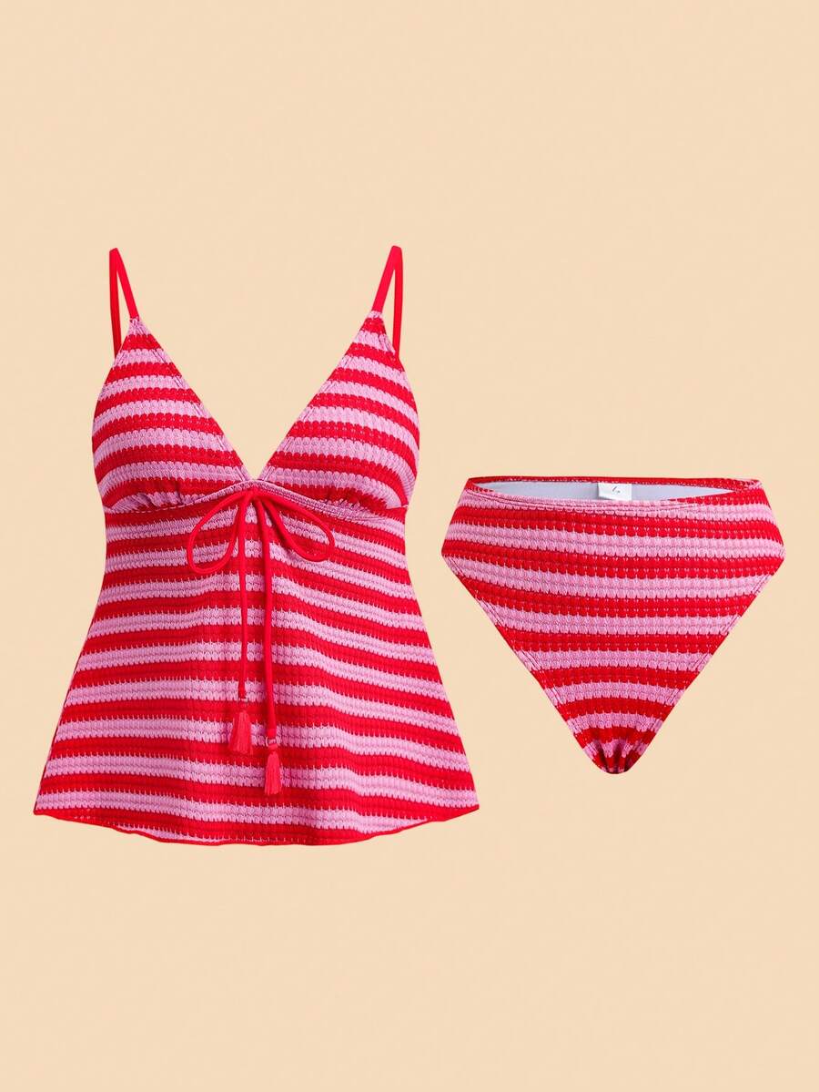Travachic Women's Line Print Camisole Swimsuit Set Beach Vacation Red Summer Tropical - Multicolor - View 1