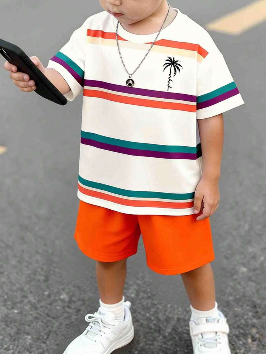 小男孩春夏服裝，休閒時尚創意個性化清爽簡約多彩條紋椰子樹圖案印花夏季休閒度假風基本短T恤與短褲套裝，舒適日常穿著，舒適夏季風格，適合春夏男孩，氛圍感套裝 - 彩色 - 查看 1